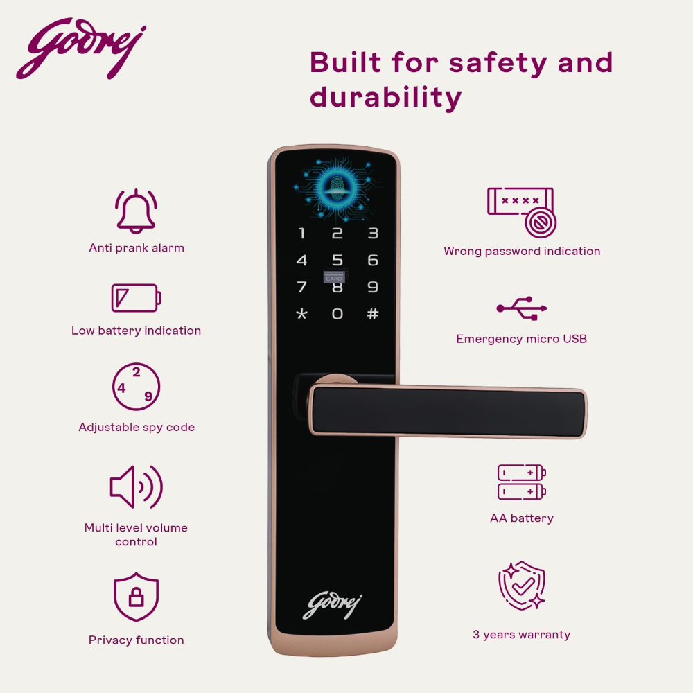 Godrej Smart Lock I Catus Touch Plus I Digital Lock for Wooden Door I 4in1 Access I Fingerprint | RFID I PIN Access I Mechanical Key I 3 Dead Bolts I Rose Gold I 3 Yr Warranty | Free Installation